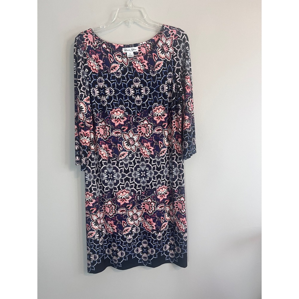 Laura Jeffries Navy Blue Pink Floral Paisley Sheath Dress 3/4 Sleeve Size 12